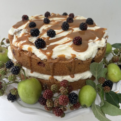 Blackberry, apple and pear crumble cake with sticky toffee sauce