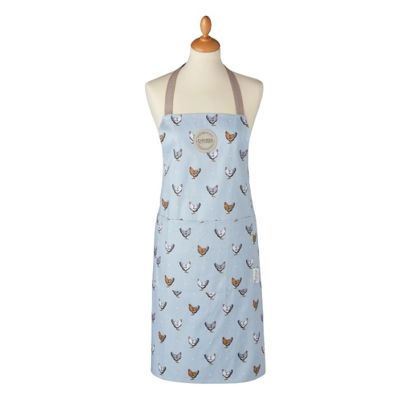 A Cooksmart cotton apron in the Farmer's Kitchen design of soft shades of blue, cream, grey and beige
