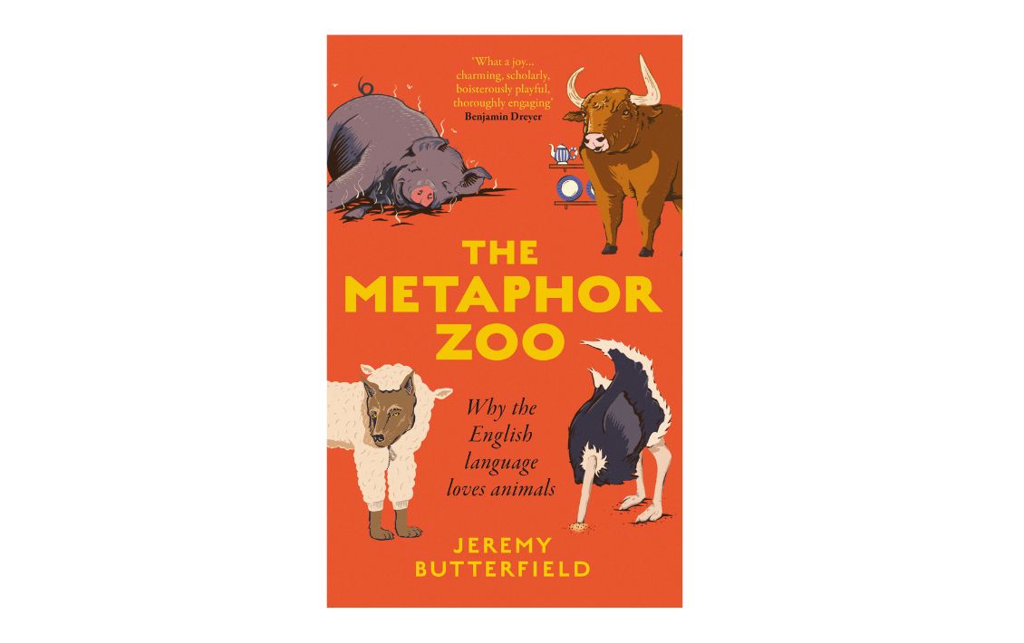 The front cover of the book Metaphor Zoo with an orange background and animals on the front