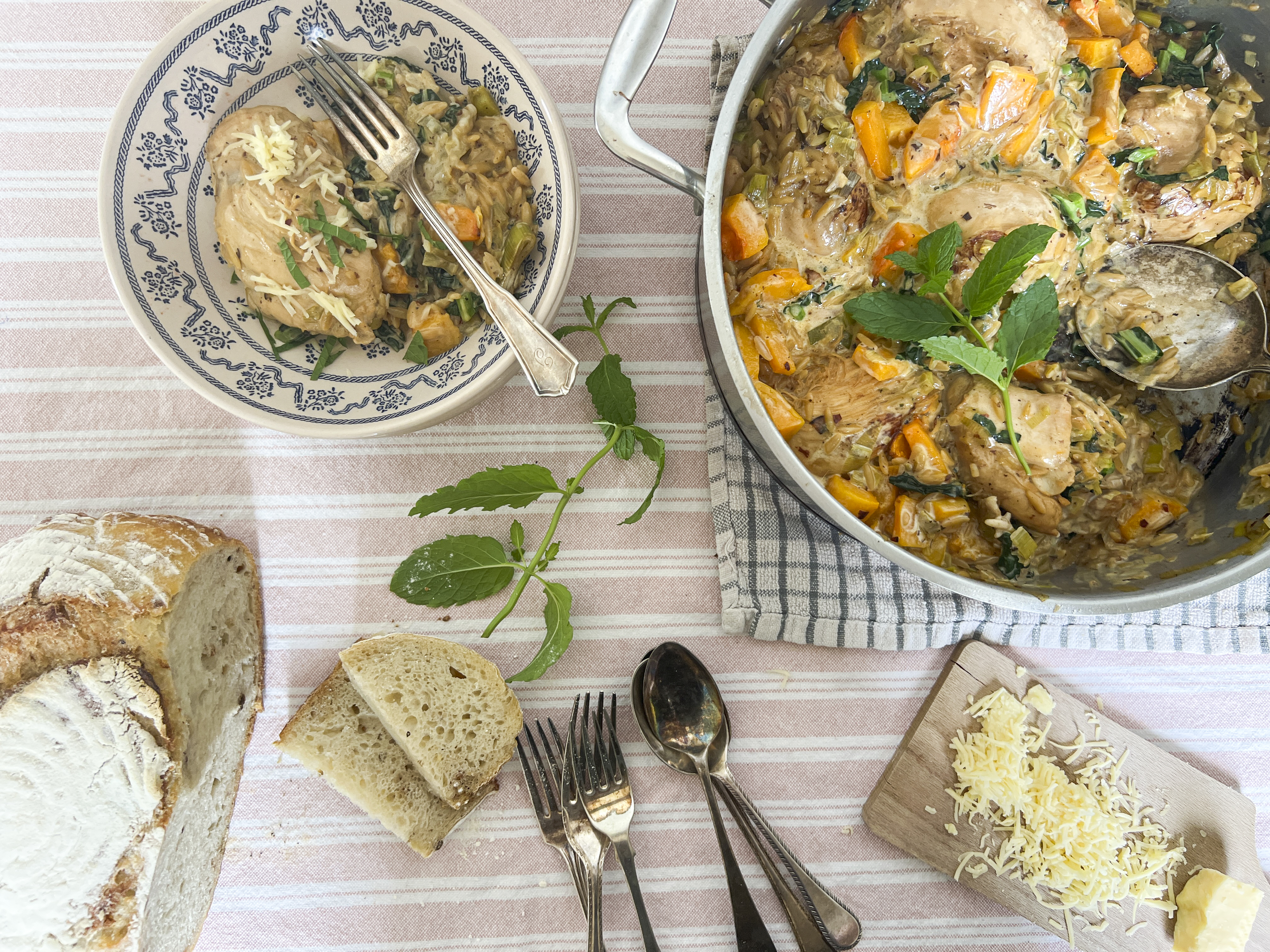 Chicken, butternut squash and leek orzo