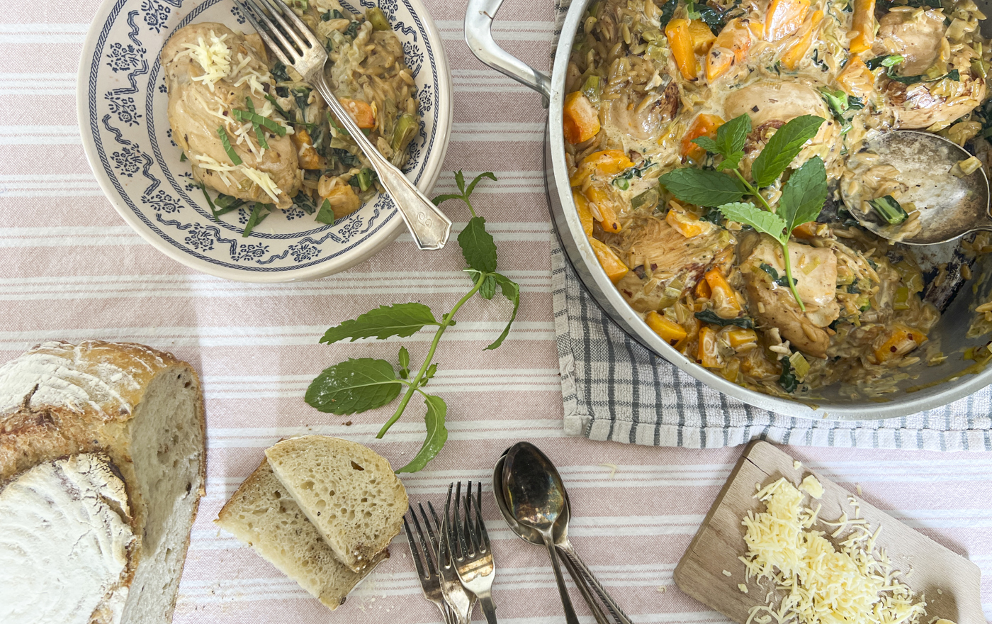 Chicken, butternut squash and leek orzo