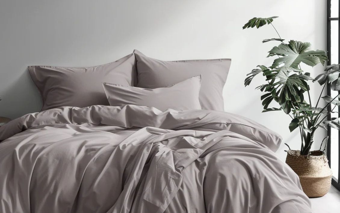 Laud Sleep grey duvet set on a double bed 