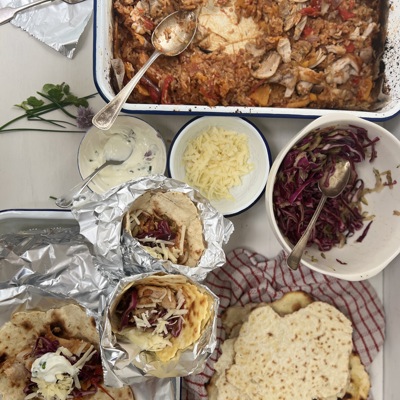 Bonfire party roasted chicken, squash and pepper wraps