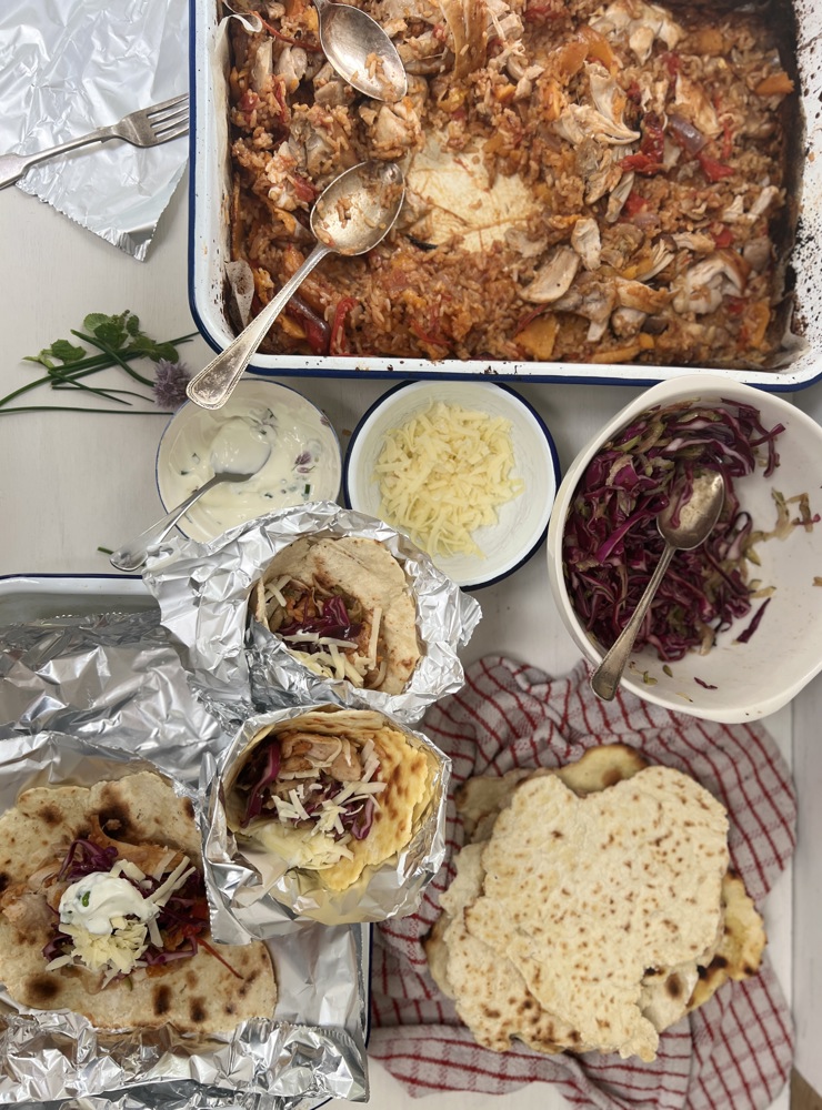 Bonfire party roasted chicken, squash and pepper wraps