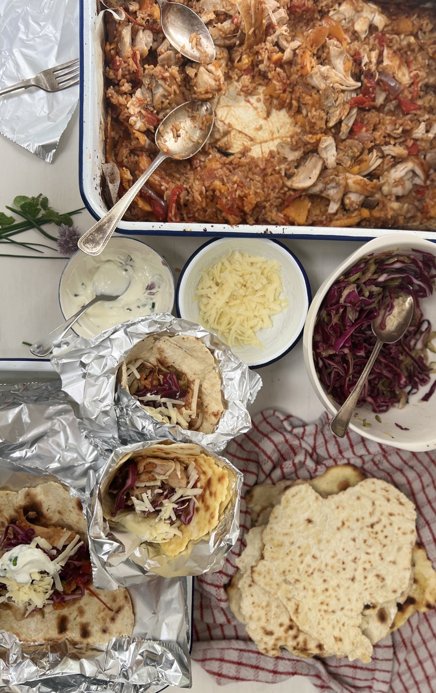 Bonfire party roasted chicken, squash and pepper wraps