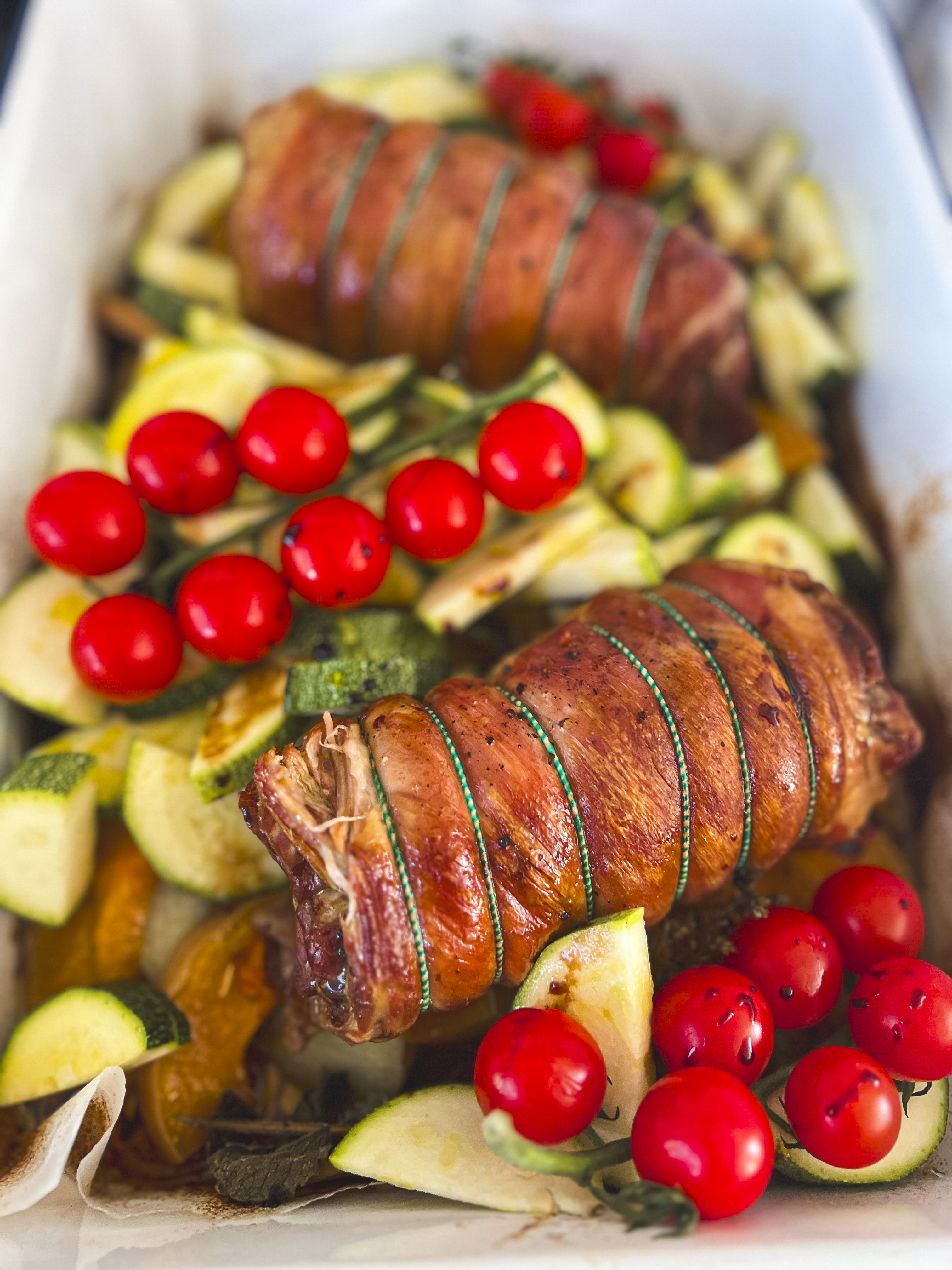 Slow roast lamb and late summer squash and vegetable traybake