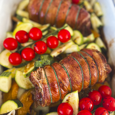 Slow roast lamb and late summer squash and vegetable traybake