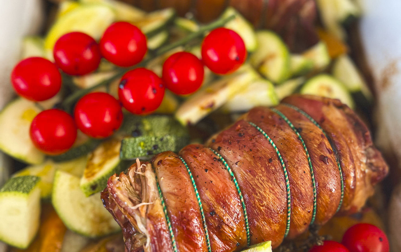 Slow roast lamb and late summer squash and vegetable traybake
