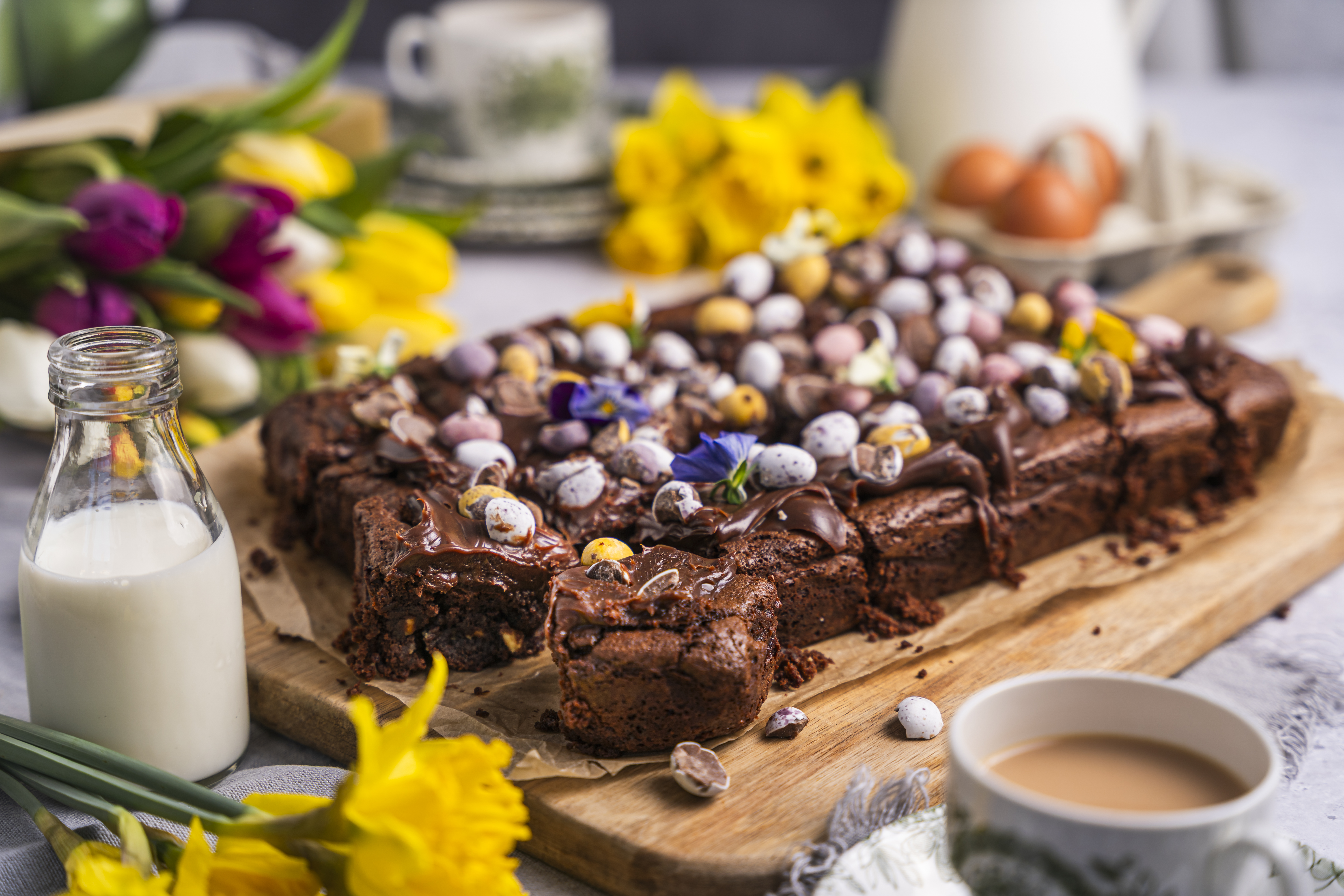 Chocolate fudge cake with sticky chocolate icing and Easter loveliness