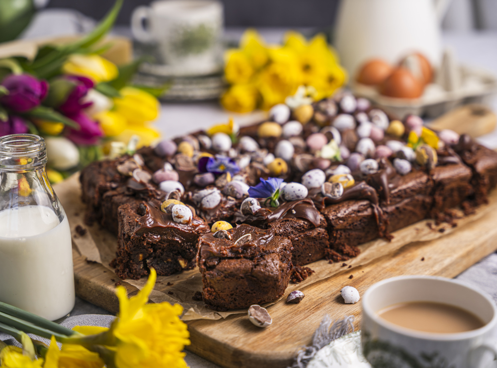 Chocolate fudge cake with sticky chocolate icing and Easter loveliness