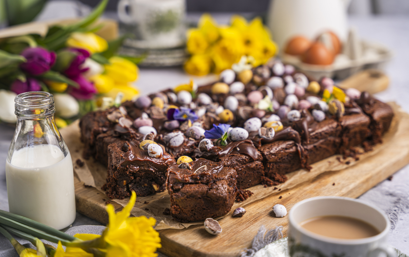 Chocolate fudge cake with sticky chocolate icing and Easter loveliness