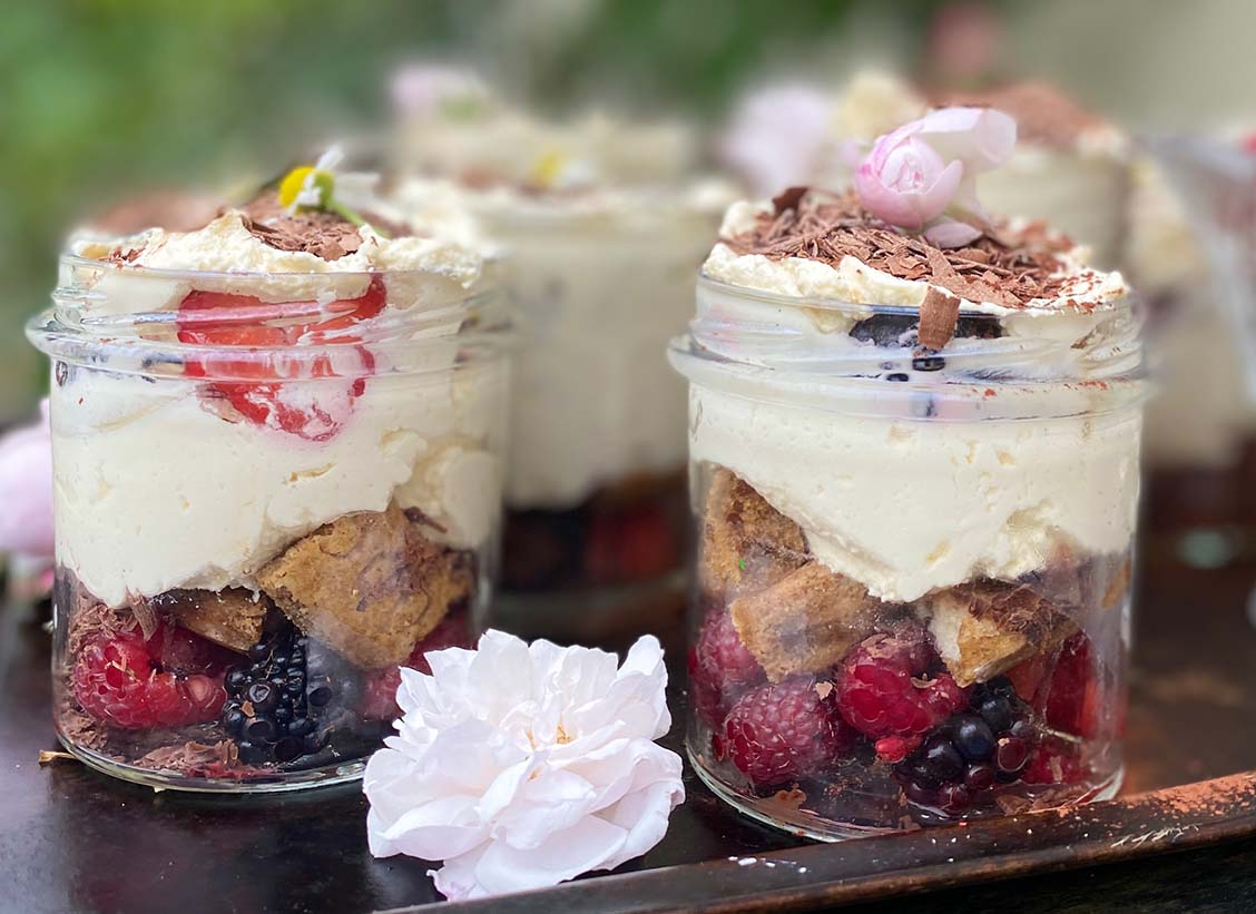 Blackberry, apple and pear crumble cake with sticky toffee sauce