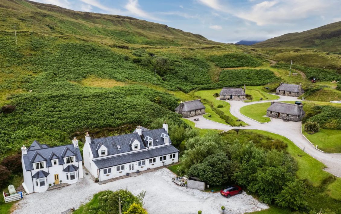 Aerial view of Coruisk House and surrounding countryside on the Isle of Skye