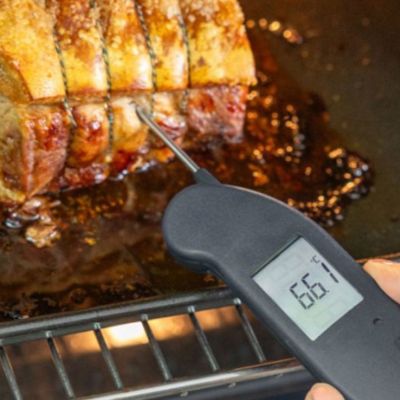 Someone testing the temperature of a roasted joint of meat with a meat thermometer from Butchers Sundries  