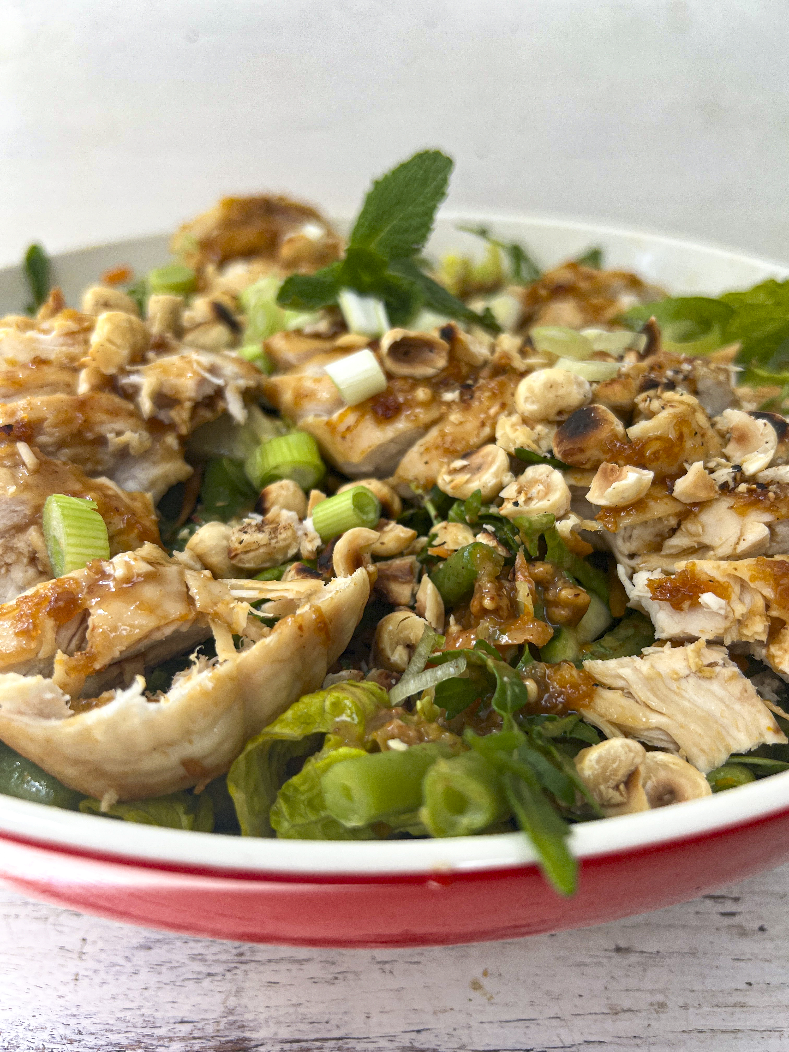Sticky honey and orange glazed chicken salad 