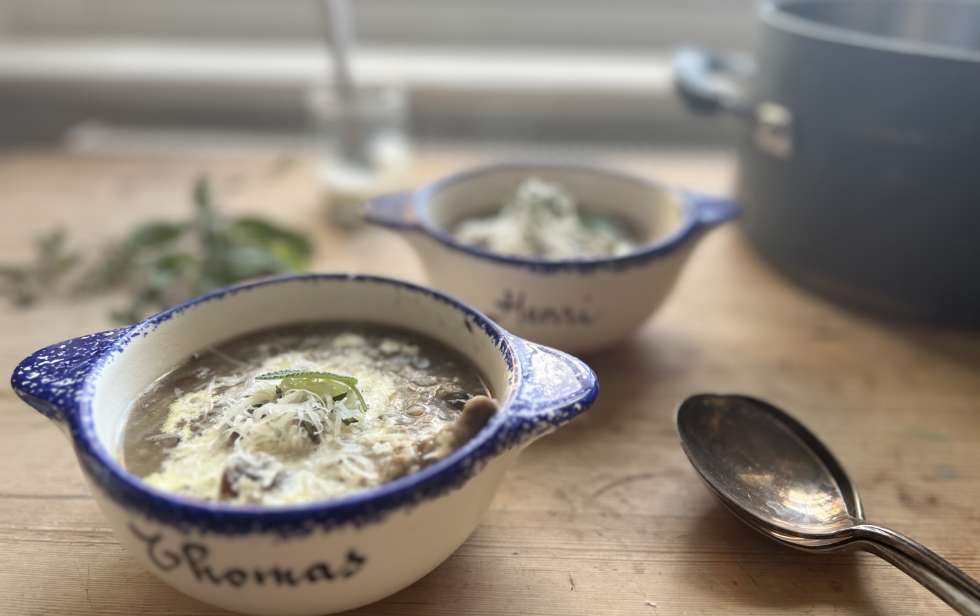 Chicken, leek and mushroom soup with rice