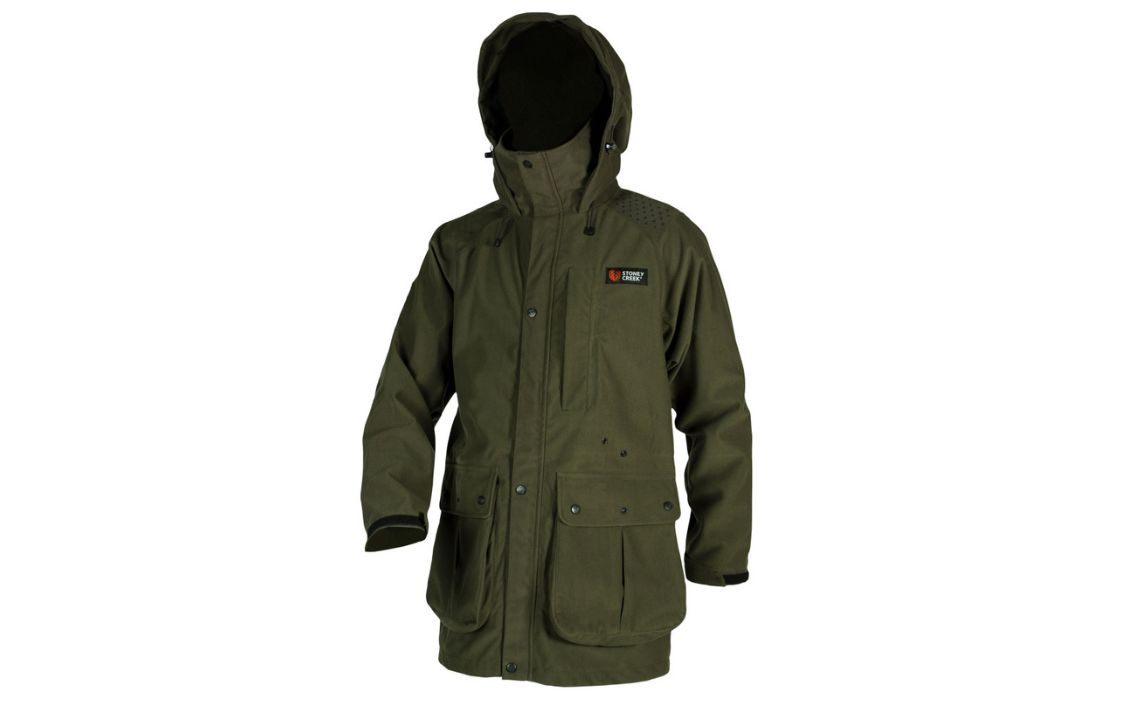 Stoney Creek outdoor jacket in dark green with deep storage pockets and a hood