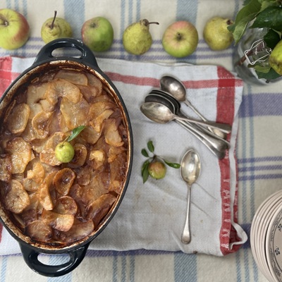 Beef, butternut and pear stew with a crispy potato topping