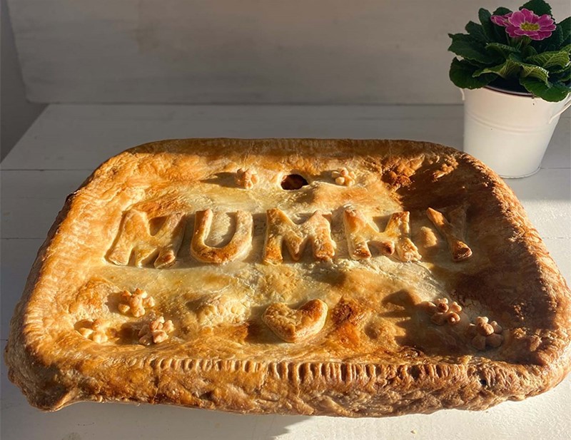 An image of the Mothering Sunday chicken pie, with Mummy written in pastry.