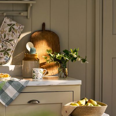 A country kitchen showing the Sophie Allport Orchard Birds homeware collection 