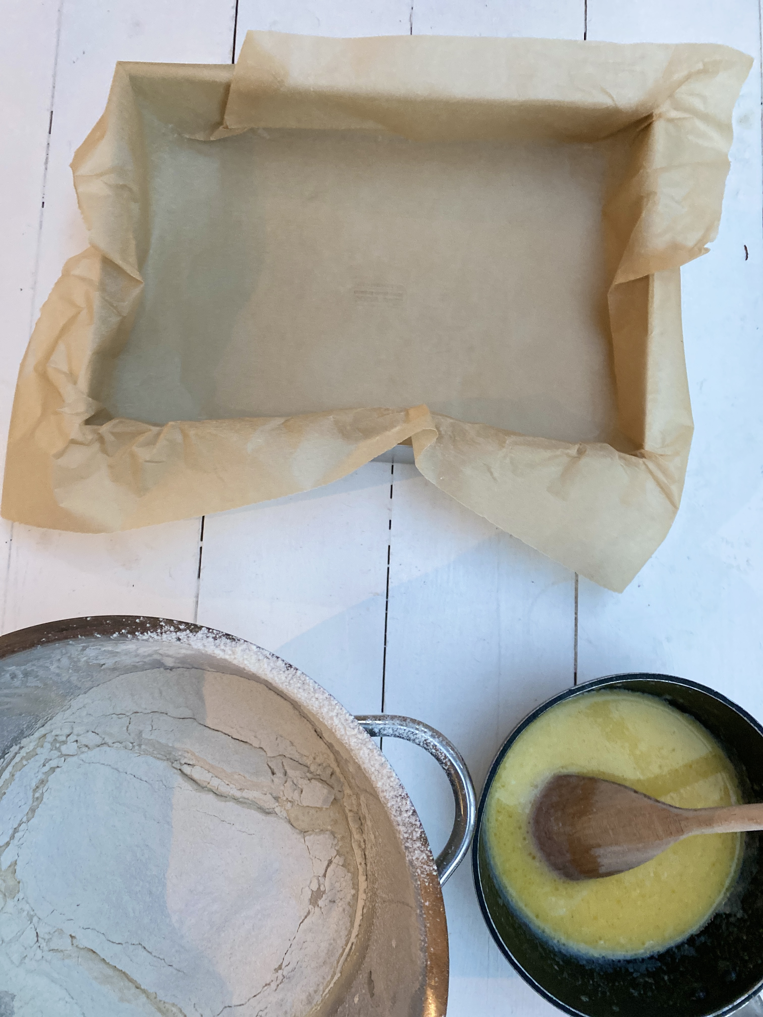 Ingredients for the milk cake and an empty parchment lined baking tray