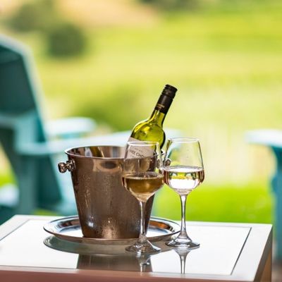 A bottle of wine in a wine cooler and wine glasses on a table overlooking a lawn 