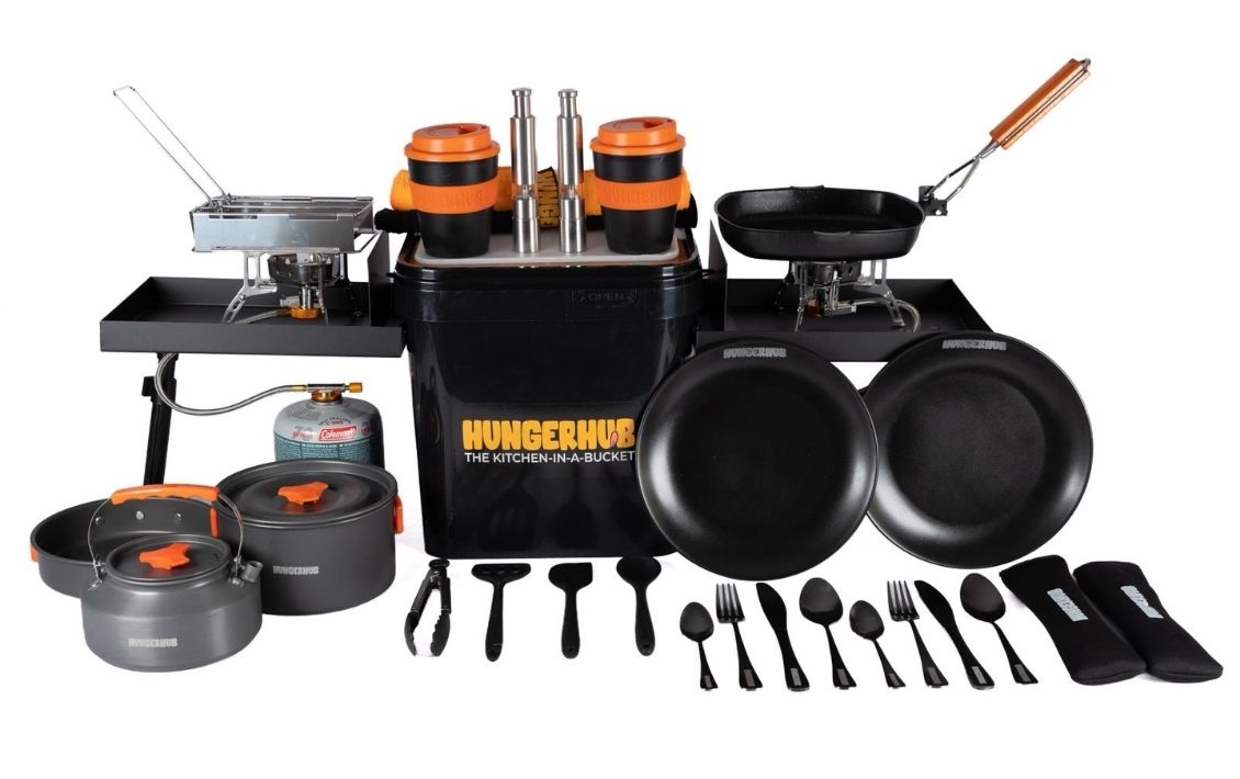 A Hunger Hub kit showing all of the utensils and equipment included in this portable barbecue pack 