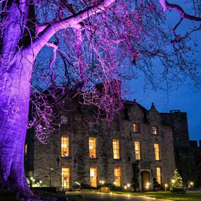 A large country house in the dark with all of the lights on and a large illuminated tree to the side of it.