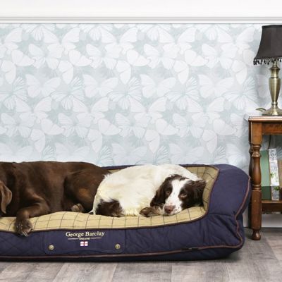 Two dogs asleep in a George Barclay luxury dog bed