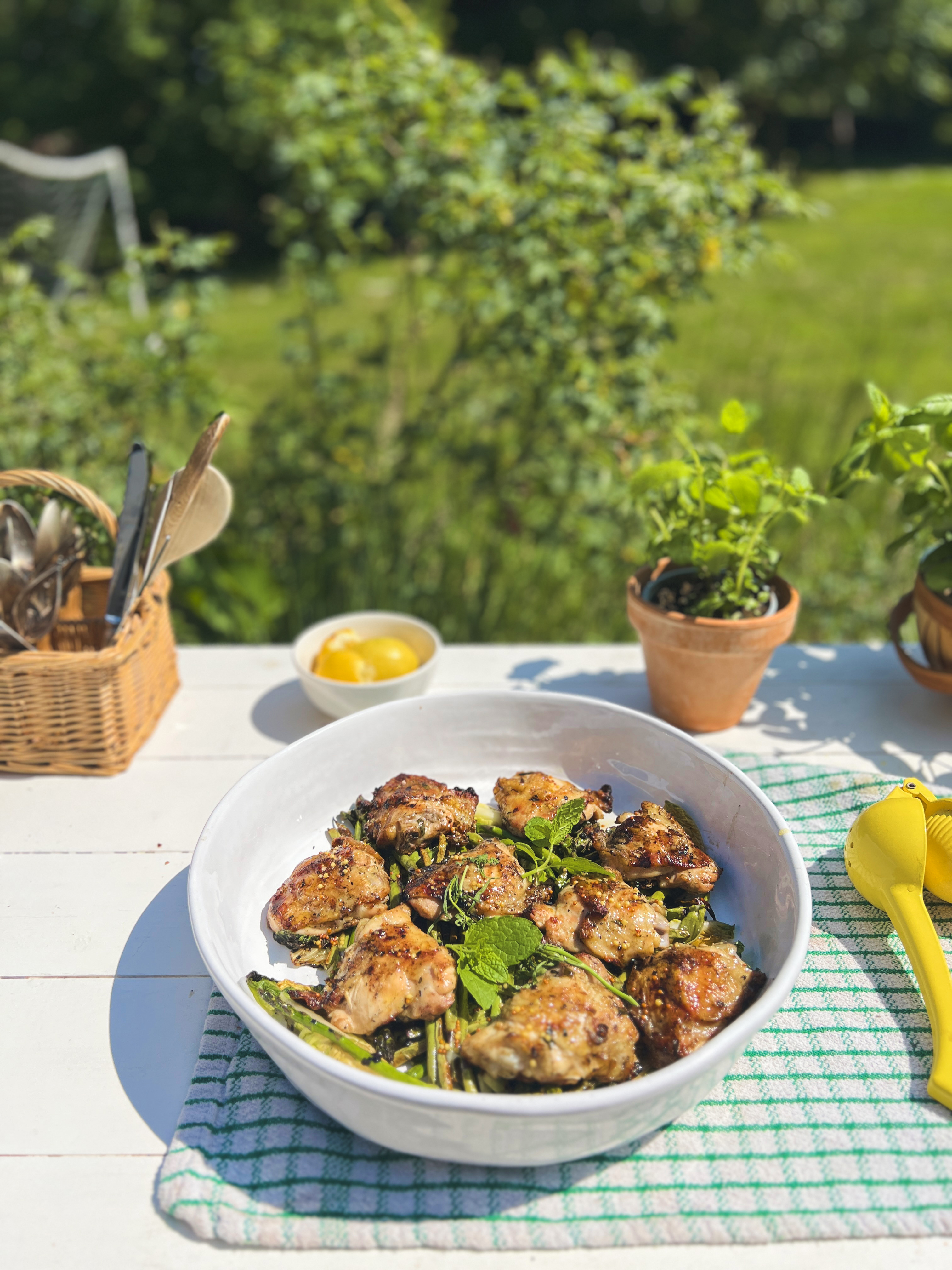 Tarragon chicken with griddled green summer vegetables