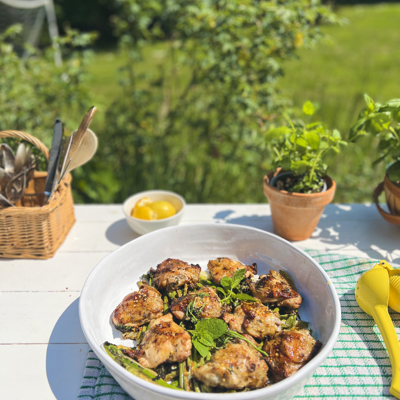Tarragon chicken with griddled green summer vegetables