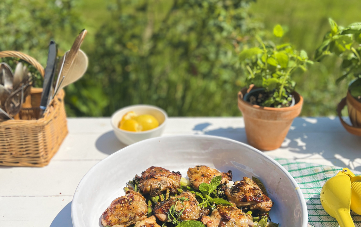 Tarragon chicken with griddled green summer vegetables
