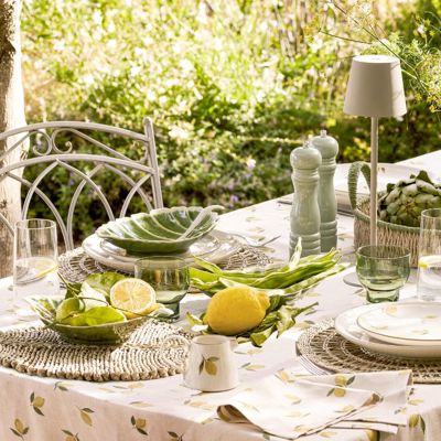 A table on a patio dressed with Sophie Allport's Lemons design tableware