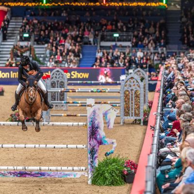 A horse and rider jumping a fence at the London International Horse Show 