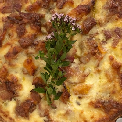 Roasted squash, apple, bacon and walnut tart